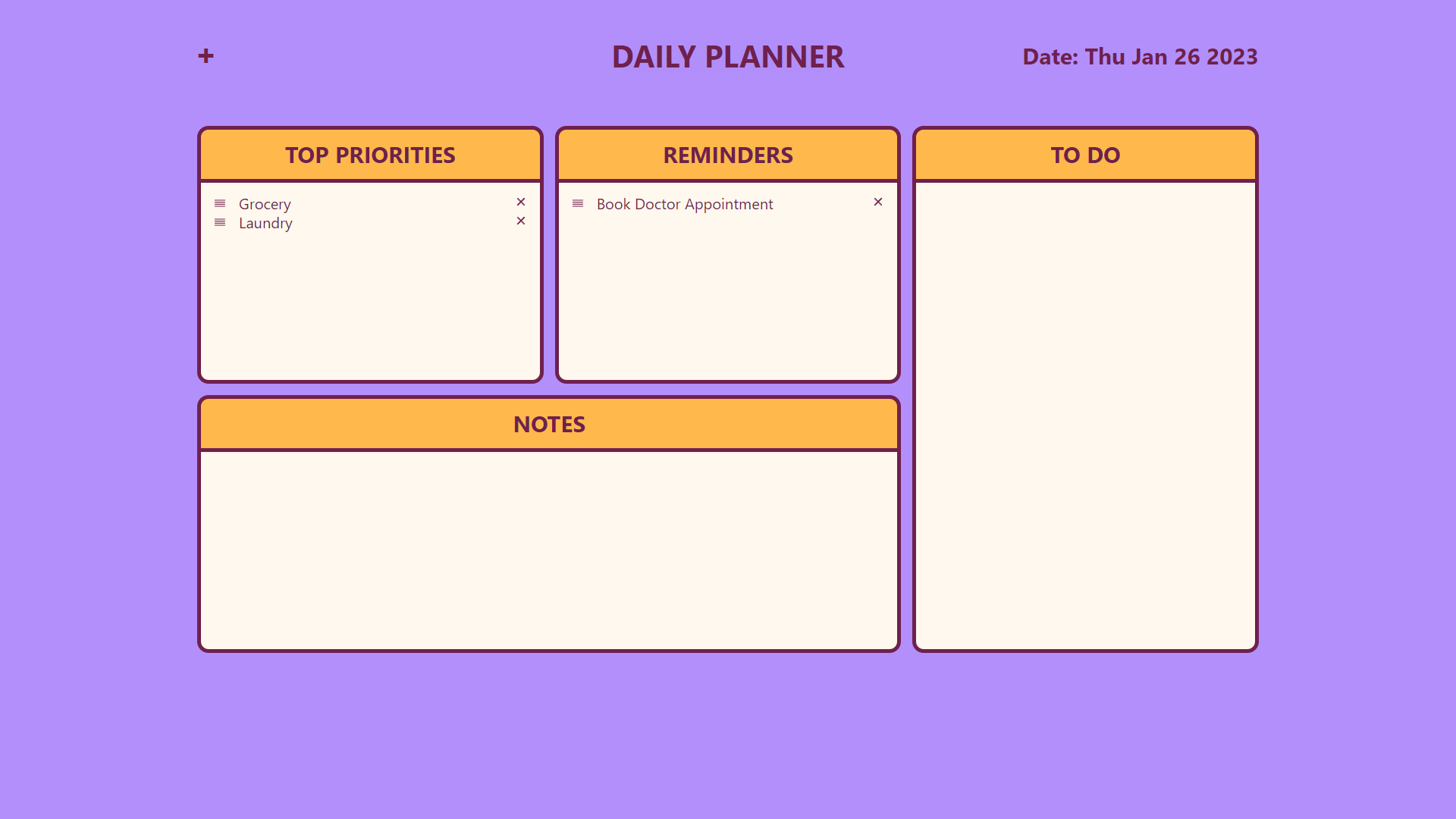 screen shot of Daily-planner homepage