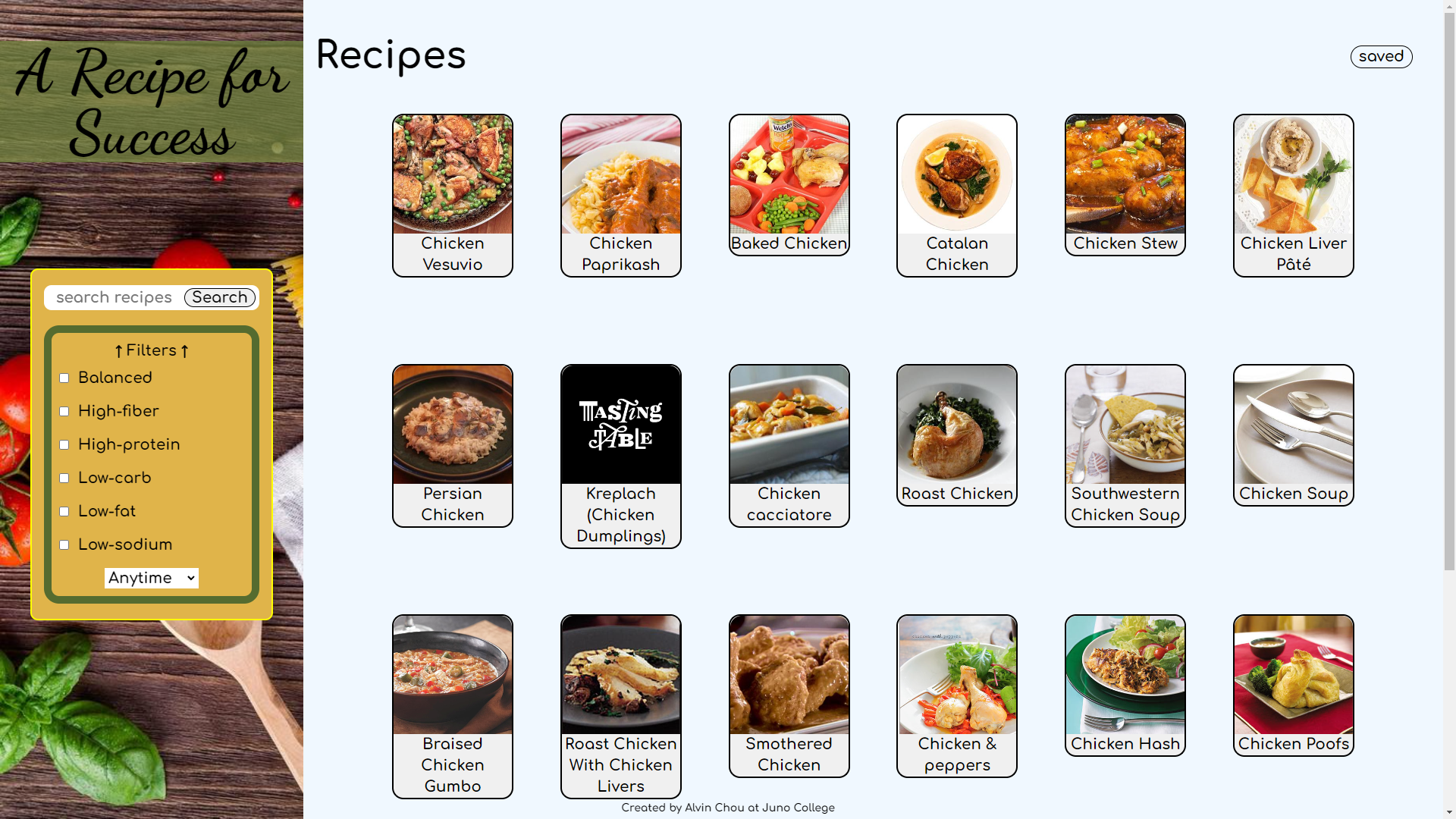 screen shot of a recipe for success homepage